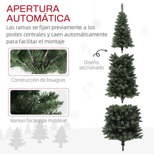 HOMCOM Árvore de Natal Estreita 180 cm Árvore de Natal Artificial com 618 Ramos com Neve, 30 Pinhas e Suporte de Metal, Árvore Natalícia para Sala Interior Verde