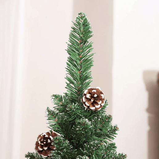 HOMCOM Árvore de Natal Estreita 180 cm Árvore de Natal Artificial com 618 Ramos com Neve, 30 Pinhas e Suporte de Metal, Árvore Natalícia para Sala Interior Verde