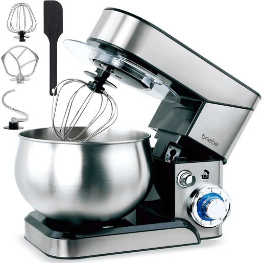 Briebe KM1114 Batedeira Planetária com Taça Profissional, Robô de Cozinha, 5L, 6 Velocidades, Acessórios, 1800, Aço inoxidável
