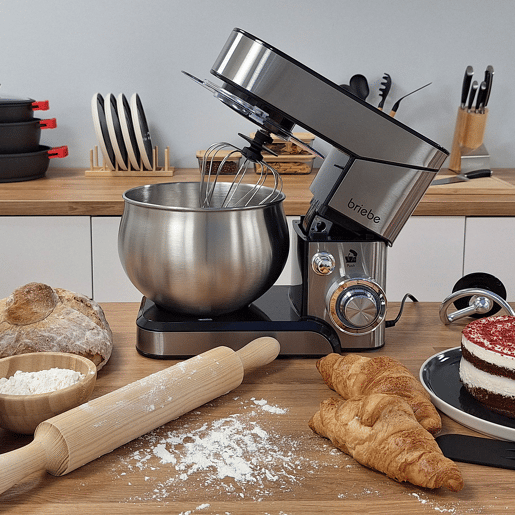Briebe KM1114 Batedeira Planetária com Taça Profissional, Robô de Cozinha, 5L, 6 Velocidades, Acessórios, 1800, Aço inoxidável