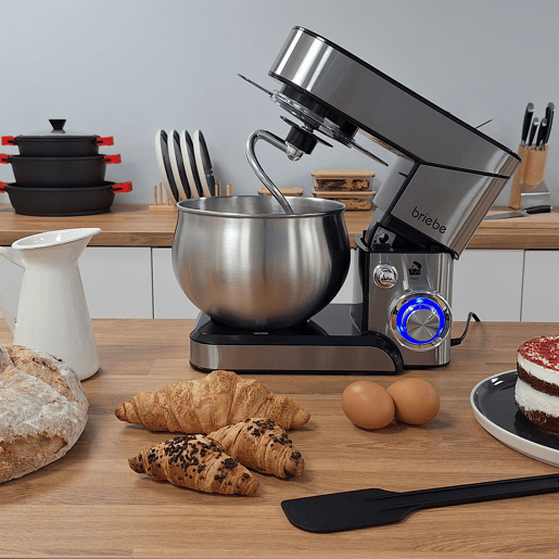 Briebe KM1114 Batedeira Planetária com Taça Profissional, Robô de Cozinha, 5L, 6 Velocidades, Acessórios, 1800, Aço inoxidável