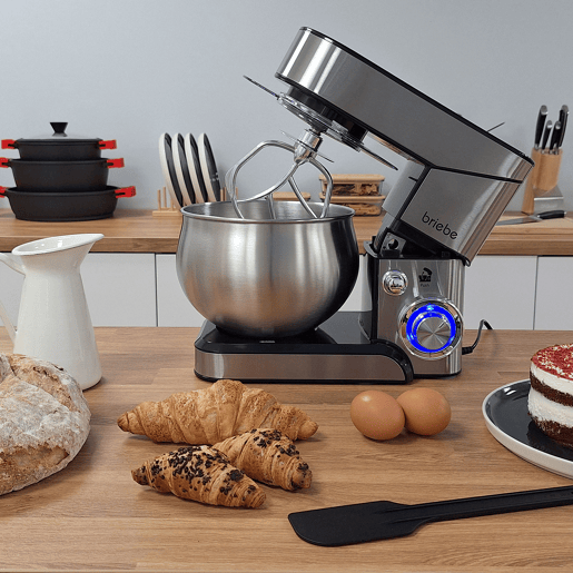 Briebe KM1114 Batedeira Planetária com Taça Profissional, Robô de Cozinha, 5L, 6 Velocidades, Acessórios, 1800, Aço inoxidável