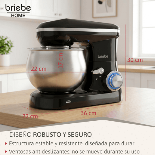 Briebe KM1164 Batedeira Planetária com Taça Profissional, Robô de Cozinha, 5L, 6 Velocidades,Tela tátil LED, 1800, Preto