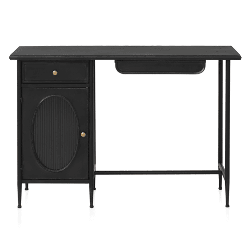 Mesa Com Estrutura De Metal, Porta De Vidro Oval E 2 Gavetas