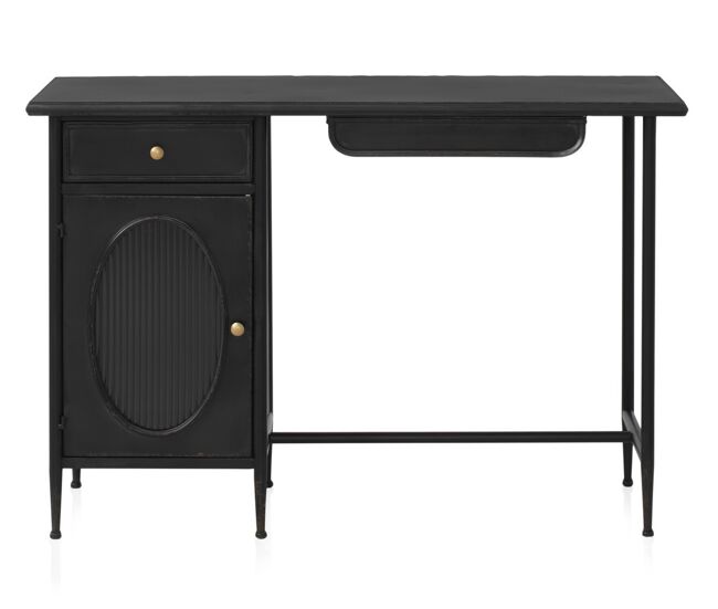Mesa con estructura metálica, puerta de cristal ovalada y 2 cajones
