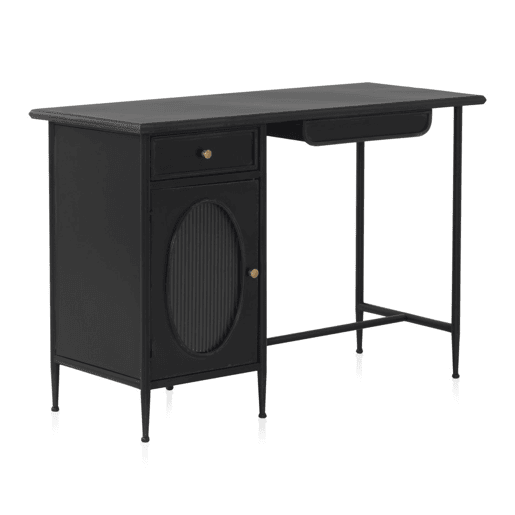 Mesa Com Estrutura De Metal, Porta De Vidro Oval E 2 Gavetas
