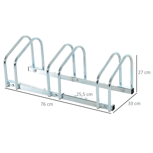 HOMCOM Estacionamento para 3 Bicicletas Suporte de Aço para Estacionar Bicicletas no Chão para Interior e Exterior 76x33x27cm Prata
