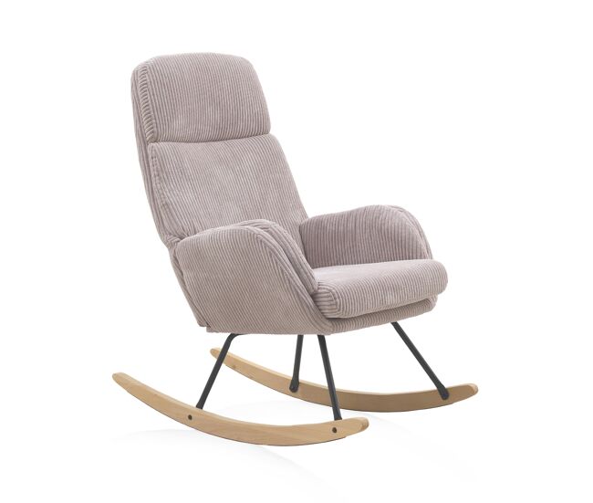 Mecedora con patas de metal tapizadas en lavanda y deslizantes de madera de haya