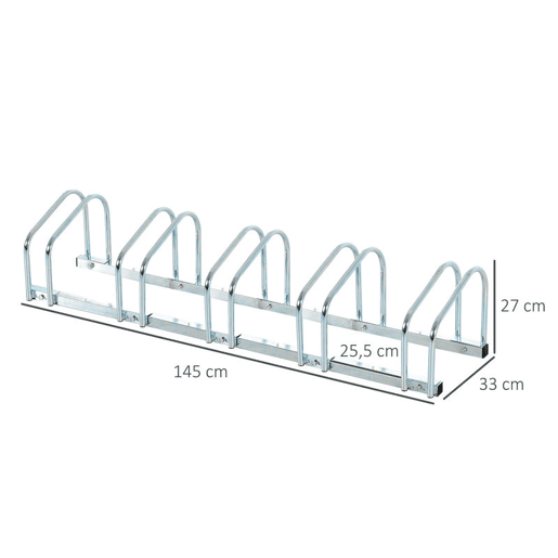 HOMCOM Estacionamento para 5 Bicicletas Suporte de Aço para Estacionar Bicicletas no Chão para Interior e Exterior 145x33x27cm Prata