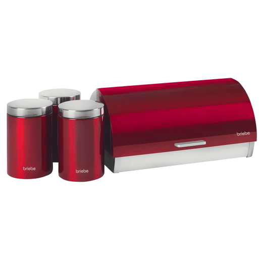 Briebe BB1161 Conjunto de Caixa de Pão + 3 Boiões de Cozinha Aço Inoxidável, Contentor com Tampa Deslizante, , Vermelho  Aço Inoxidável