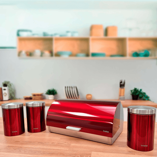 Briebe BB1161 Conjunto de Caixa de Pão + 3 Boiões de Cozinha Aço Inoxidável, Contentor com Tampa Deslizante, , Vermelho  Aço Inoxidável