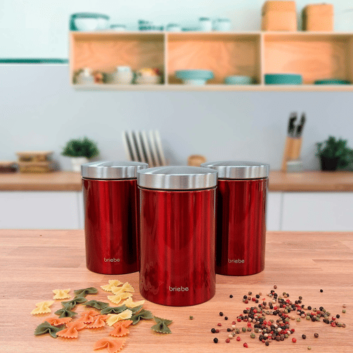 Briebe BB1161 Conjunto de Caixa de Pão + 3 Boiões de Cozinha Aço Inoxidável, Contentor com Tampa Deslizante, , Vermelho  Aço Inoxidável
