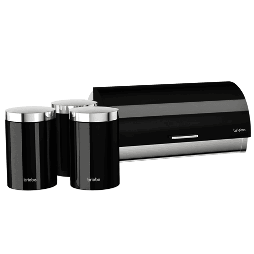 Briebe BB1161 Conjunto de Caixa de Pão + 3 Boiões de Cozinha Aço Inoxidável, Contentor com Tampa Deslizante, , PretoInox