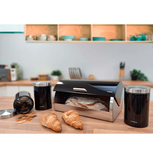 Briebe BB1161 Conjunto de Caixa de Pão + 3 Boiões de Cozinha Aço Inoxidável, Contentor com Tampa Deslizante, , PretoInox