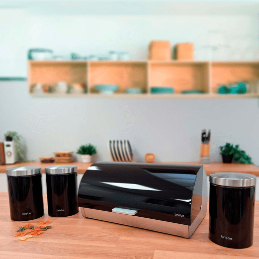 Briebe BB1161 Conjunto de Caixa de Pão + 3 Boiões de Cozinha Aço Inoxidável, Contentor com Tampa Deslizante, , PretoInox