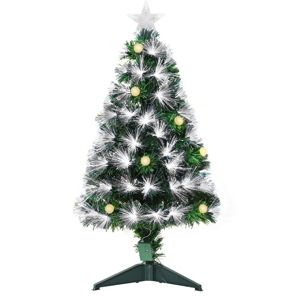 Homcom árbol de navidad 90 cm árbol de navidad con fibra óptica árbol de navidad artificial con 90 luces led y 90 ramas para interior verde y blanco