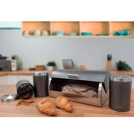 Briebe BB1161 Conjunto de Caixa de Pão + 3 Boiões de Cozinha Aço Inoxidável, Contentor com Tampa Deslizante, , CinzaInox