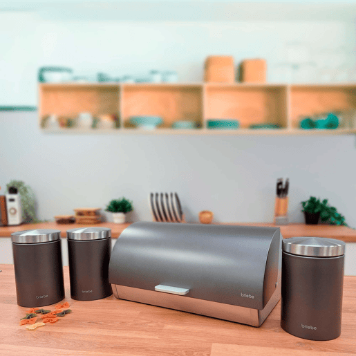 Briebe BB1161 Conjunto de Caixa de Pão + 3 Boiões de Cozinha Aço Inoxidável, Contentor com Tampa Deslizante, , CinzaInox