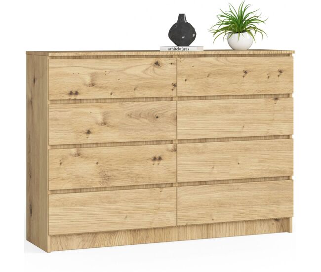 Cómoda akord k140 roble artisan 138 cm 8 cajones frente en color roble artisan 138x40x99 cm