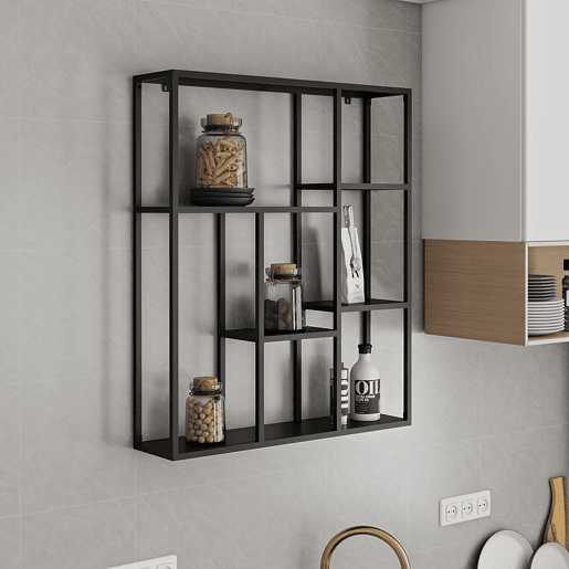 Estante de parede Jämijärvi com 6 compartimentos abertos em aço 90 x 75 x 18 cm - Preto mate en.casa