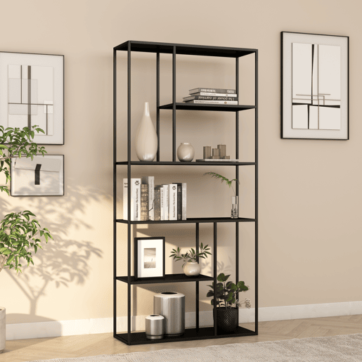 Estante de chão Vehmaa com 7 compartimentos abertos em aço de design industrial 188 x 90 x 30 cm - Preto en.casa