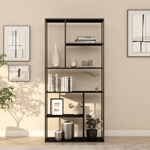 Estante de chão Vehmaa com 7 compartimentos abertos em aço de design industrial 188 x 90 x 30 cm - Preto en.casa
