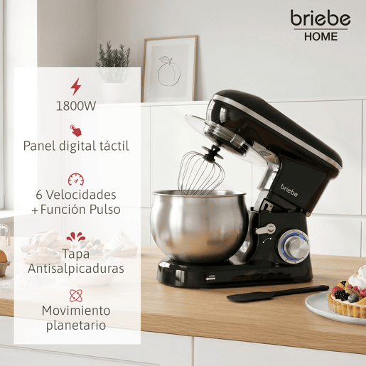 Briebe KM1164B Batedeira Planetária com Taça Profissional, 5L, 6 Velocidades,Tela tátil LED + Balança de Cozinha, 1800, Preto
