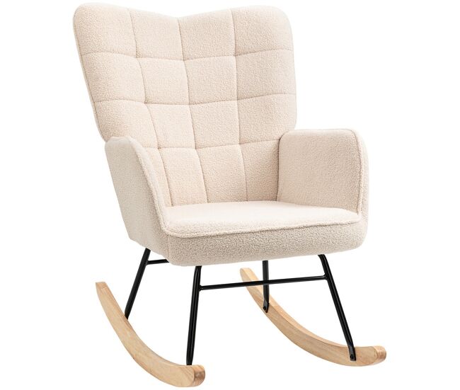 Homcom silla mecedora, mecedora de borreguito con respaldo alto, patas de madera de haya, reposabrazos, estilo moderno, sillón de lactancia, carga 120 kg, para dormitorio, salón, beige