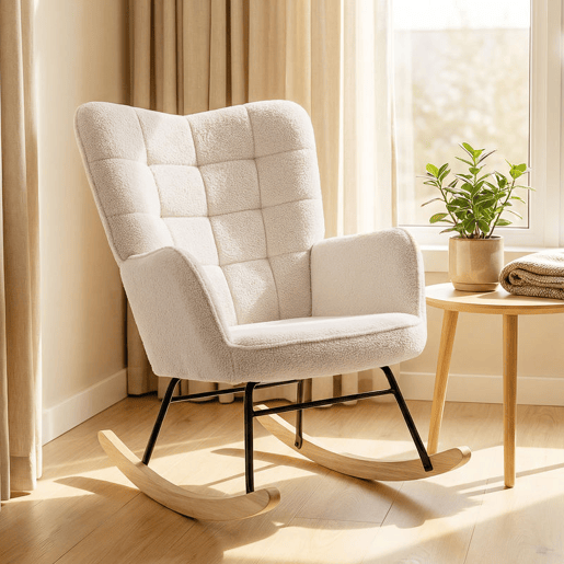 HOMCOM Poltrona Baloiço Poltrona de Sala de Estar Oscilação de 40° com Pés de Madeira de Faia e Estrutura de Aço para Dormitório Carga Máxima 120 kg 71x98x101 cm Bege