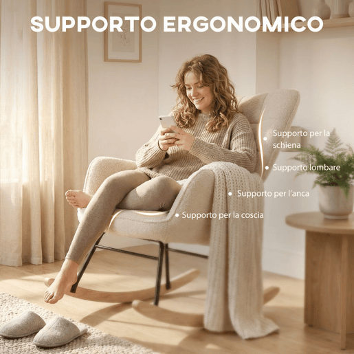 HOMCOM Poltrona Baloiço Poltrona de Sala de Estar Oscilação de 40° com Pés de Madeira de Faia e Estrutura de Aço para Dormitório Carga Máxima 120 kg 71x98x101 cm Bege