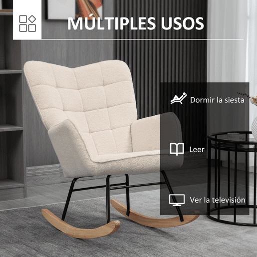 HOMCOM Poltrona Baloiço Poltrona de Sala de Estar Oscilação de 40° com Pés de Madeira de Faia e Estrutura de Aço para Dormitório Carga Máxima 120 kg 71x98x101 cm Bege
