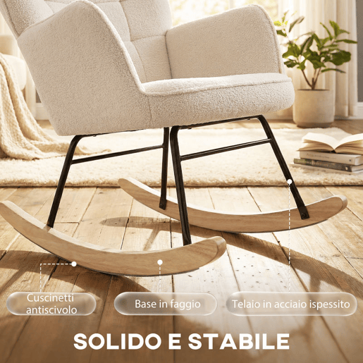 HOMCOM Poltrona Baloiço Poltrona de Sala de Estar Oscilação de 40° com Pés de Madeira de Faia e Estrutura de Aço para Dormitório Carga Máxima 120 kg 71x98x101 cm Bege