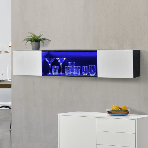Estante de parede Thabongcom LED Azul 2 Portas e 1 Prateleira - Aglomerado 150 x 30 x 30 x 30 cm Preto  Branco en.casa