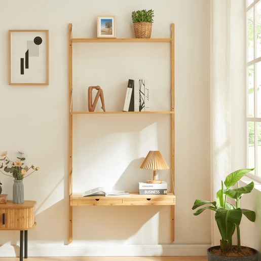 Estante de parede Tingvoll com 2 prateleiras + 2 gavetas - Bambu en.casa Estante de parede Tingvoll com 2 prateleiras + 2 gavetas - Bambu en.casa