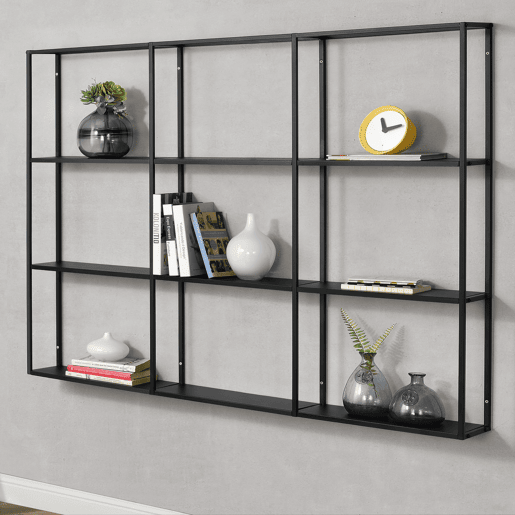 Estante de parede Jelsa com 9 compartimentos abertos Estante de ferro 130 x 18 x 110 cm em preto en.casa Estante de parede Jelsa com 9 compartimentos abertos Estante de ferro 130 x 18 x 110 cm em preto en.casa