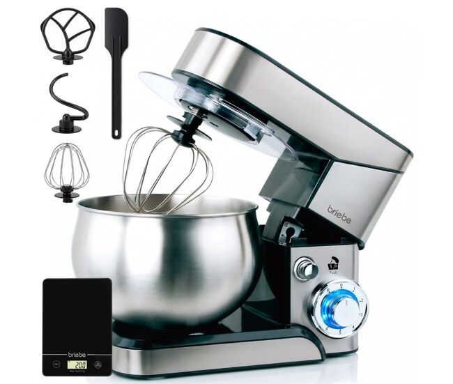 Briebe km1114b batidora amasadora repostería profesional + báscula, robot cocina 5 litros, movimiento orbital, 1800, acero inoxidable