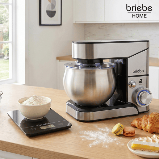 Briebe KM1114B Batedeira Planetária com Taça Profissional, Robô de Cozinha, 5L, 6 Velocidades + Balança de Cozinha, 1800, Aço inoxidável