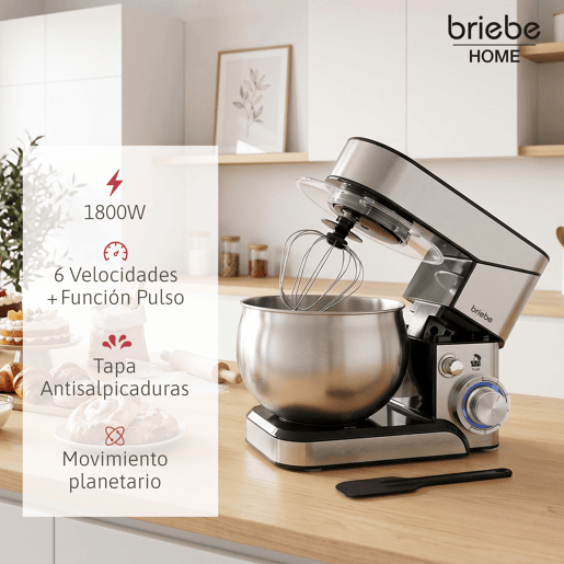 Briebe KM1114B Batedeira Planetária com Taça Profissional, Robô de Cozinha, 5L, 6 Velocidades + Balança de Cozinha, 1800, Aço inoxidável