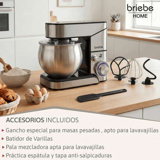 Briebe KM1114B Batedeira Planetária com Taça Profissional, Robô de Cozinha, 5L, 6 Velocidades + Balança de Cozinha, 1800, Aço inoxidável