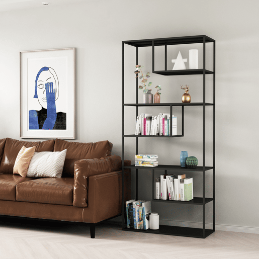 Estante de chão Vehmaa com 6 compartimentos abertos em aço de design industrial 188 x 85 x 35 cm - Preto en.casa
