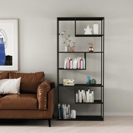 Estante de chão Vehmaa com 6 compartimentos abertos em aço de design industrial 188 x 85 x 35 cm - Preto en.casa