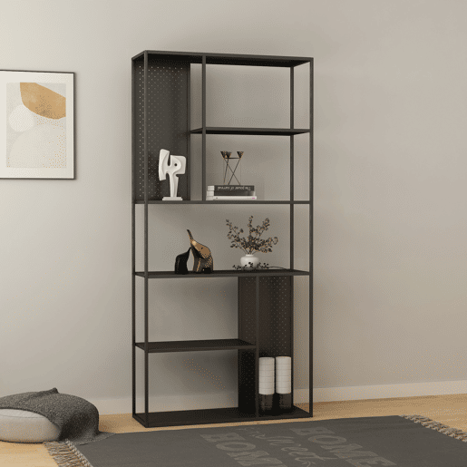 Estante de chão Vehmaa com 7 compartimentos abertos + painel de aço perfurado 188 x 90 x 35 cm - Preto en.casa