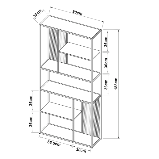 Estante de chão Vehmaa com 7 compartimentos abertos + painel de aço perfurado 188 x 90 x 35 cm - Preto en.casa