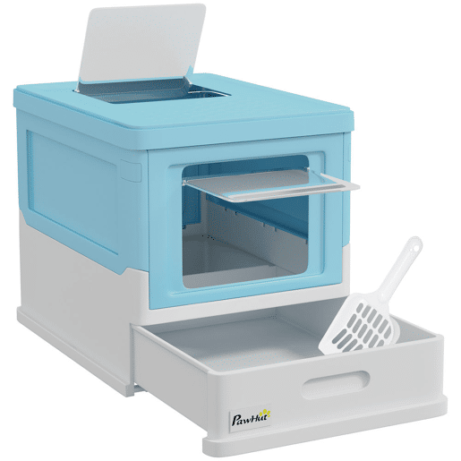 PawHut Caixa de Areia para Gatos Dobrável Caixa de Areia para Gatos Fechada com Cobertura Desmontável Bandeja Removível Teto Rebatível Porta de Entrada e Pá 47,5x35,5x36,7cm Azul