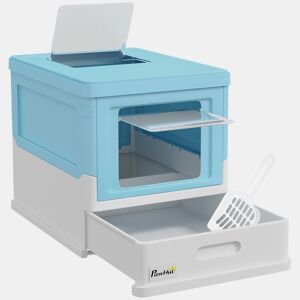 PawHut Caixa de Areia para Gatos Dobrável Caixa de Areia para Gatos Fechada com Cobertura Desmontável Bandeja Removível Teto Rebatível Porta de Entrada e Pá 47,5x35,5x36,7cm Azul