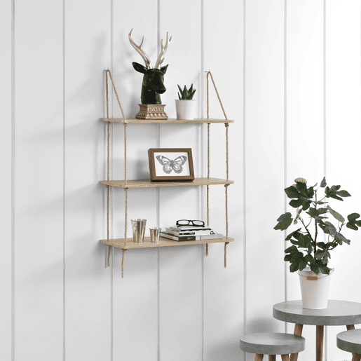 Estante de parede Arensburg com 3 prateleiras com corda - efeito madeira - 60 x 24 cm en.casa