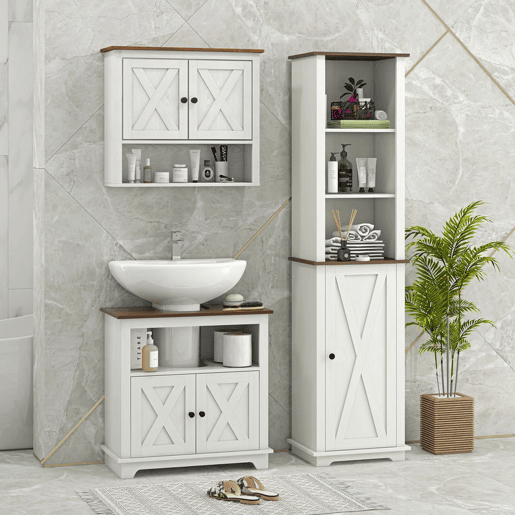 kleankin Conjunto para Casa de Banho Inclui 1 Móvel para Lavatório Pousar 1 Coluna de Casa de Banho e 1 Armário de Parede para Casa de Banho Estilo Clássico Branco