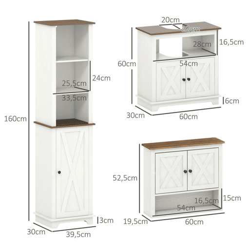 kleankin Conjunto para Casa de Banho Inclui 1 Móvel para Lavatório Pousar 1 Coluna de Casa de Banho e 1 Armário de Parede para Casa de Banho Estilo Clássico Branco