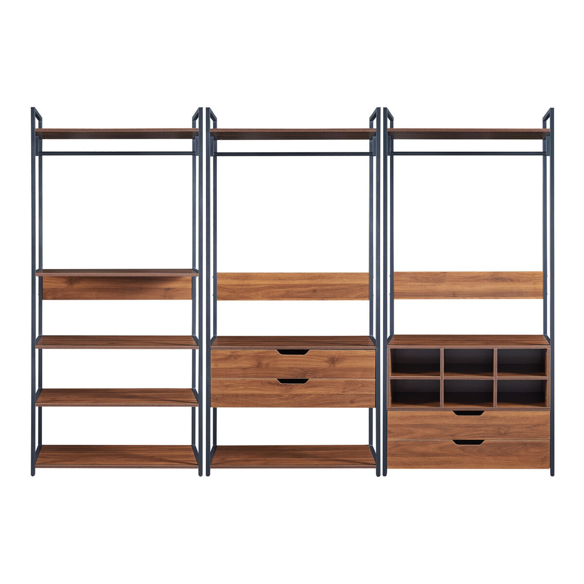 Conjunto de 3 percheros larem con 7 estantes 4 cajones y 6 compartimentos abiertos - negro/efecto nogal [en.casa]