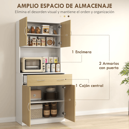 HOMCOM Armário de Cozinha com Gaveta 4 Portas e Prateleiras Interiores Ajustável em Altura Móvel Auxiliar de Armazenamento Moderno para Sala de Jantar Sala de Estar 80x40x180 cm Madeira e Branco